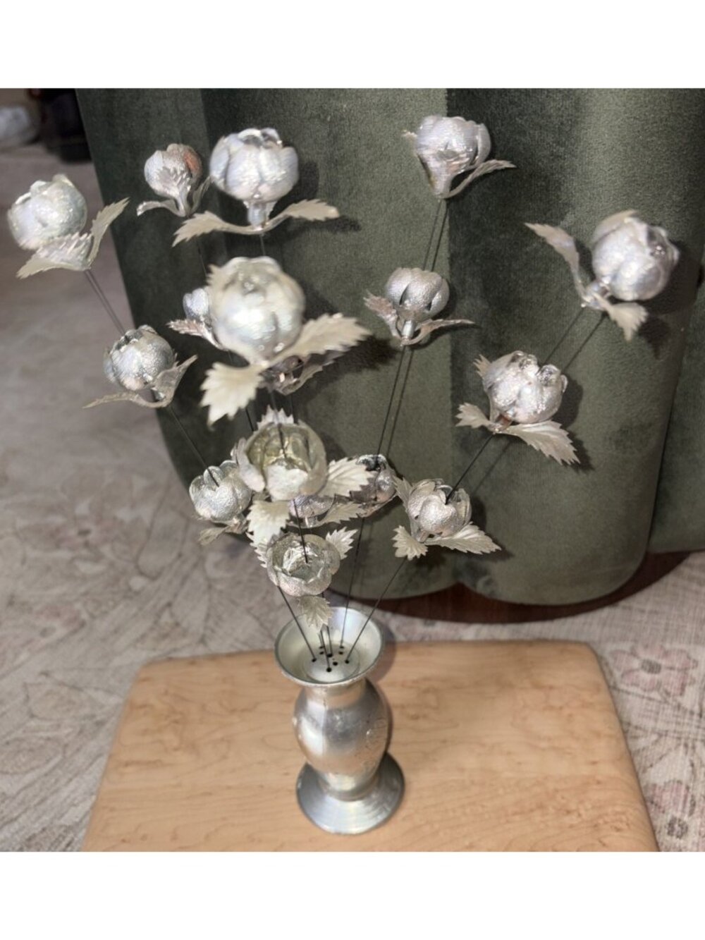 Silver-Plated Floral Arrangement With Engraved Vase - 9 Inches Tall Decorative P